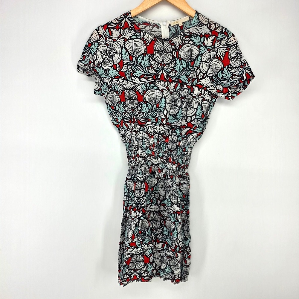 Maje Relia Floral Paisley Smocked Waist Mini Dress Womens 1 Red Blue E16RELIA